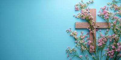 Wooden cross adorned with fresh flowers against a blue background creates a tranquil spiritual atmosphere photo