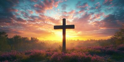 Sunset behind a cross with colorful clouds and flowers in a serene landscape during early evening photo