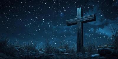 Nighttime cemetery with wooden cross under a starry sky and soft clouds photo