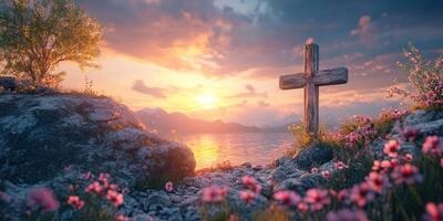 Beautiful sunset over a tranquil lake with wooden cross and flowers in a serene landscape photo