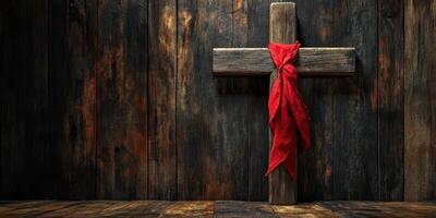 Rustic wooden cross adorned with red fabric ribbon against a dark wooden backdrop during a solemn occasion photo