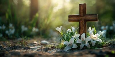 Wooden cross surrounded by lilies and greenery in a serene forest setting during golden hour photo