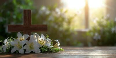 Cross surrounded by white lilies in a serene setting with sunlight streaming through photo