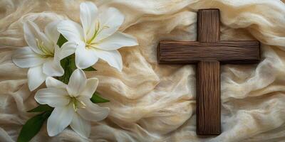 Elegant white lilies beside a rustic wooden cross on a soft fabric background for a spiritual setting photo