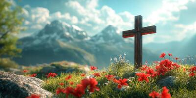 Cross surrounded by vibrant flowers in a serene mountain landscape under bright sky photo