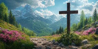 Scenic mountain landscape with a wooden cross surrounded by vibrant flowers under a bright sky photo