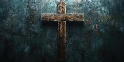 Wooden cross mounted on a textured dark wall creates a contemplative atmosphere in a space photo