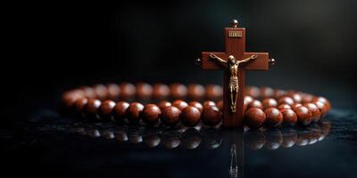 Wooden rosary with cross symbolizing faith and spirituality in a serene setting photo