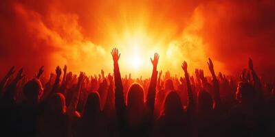 Crowd celebrating at a vibrant music festival during sunset in a lively outdoor setting filled with energy and excitement photo
