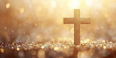 Golden cross illuminated by soft light creates a serene atmosphere during a religious celebration photo