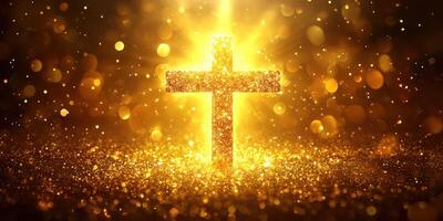 Glowing golden cross illuminating sparkles in a serene and divine atmosphere during a peaceful evening photo