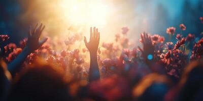 Celebration of life in a vibrant flower field during golden hour filled with joyful raised hands photo