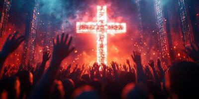 Worshippers raise their hands in devotion during a vibrant church service with a glowing cross photo