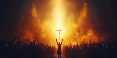 Figures worshiping beneath a radiant cross illuminated by golden light in a dramatic spiritual setting photo