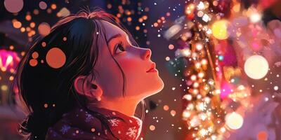 Young woman admires holiday lights while standing in a festive street adorned with decorations during a winter evening photo