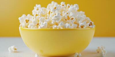 Delicious bowl of freshly popped popcorn against a vibrant yellow background photo