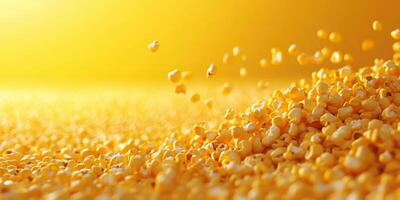 Popcorn kernels scattered on a vibrant yellow background create a lively and dynamic visual experience photo