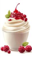 Creamy dessert topped with sweet raspberry sauce and fresh berries in a cup photo