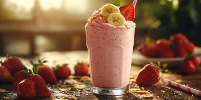 Refreshing strawberry banana smoothie served in clear glass with fresh fruit and granola on wooden table photo