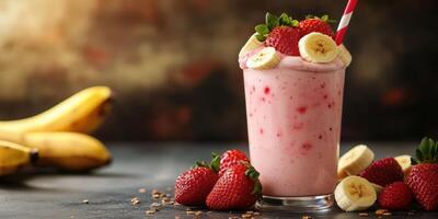 Delicious strawberry banana smoothie with fresh fruit and a straw on a dark countertop photo