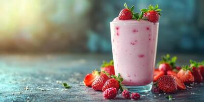 Creamy strawberry smoothie garnished with fresh berries on a rustic backdrop photo