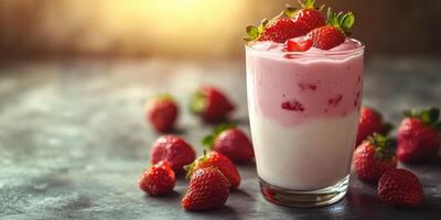Delicious strawberry parfait served in a glass with fresh strawberries on a textured surface photo