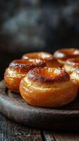 Freshly baked golden pastries arranged on a rustic wooden plate in a cozy kitchen setting during afternoon light photo