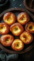 Delicious fresh baked pastry with creamy filling served on rustic wooden plate photo