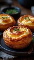 Savory pastry dish with creamy filling garnished with fresh herbs served on a rustic table photo