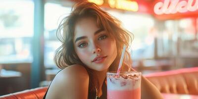 Woman enjoying a colorful drink in a vibrant cafe during golden hour with glowing neon lights photo