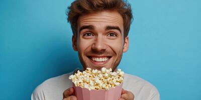 Happy young man enjoying popcorn against a bright blue background while celebrating a fun movie night with friends photo