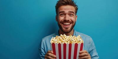 Young man enjoys movie night while holding a large bucket of popcorn against a blue background in a casual setting photo