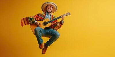 Joyful musician plays guitar while jumping against a bright yellow background showcasing culture and creativity photo