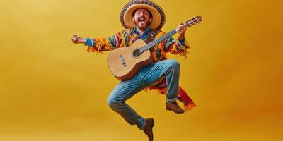 Joyful musician leaps while playing guitar in vibrant traditional attire against a bright yellow backdrop photo
