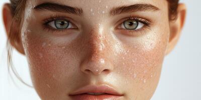 Close-up of a youthful woman displaying natural beauty and freckles with dewy skin in soft light photo