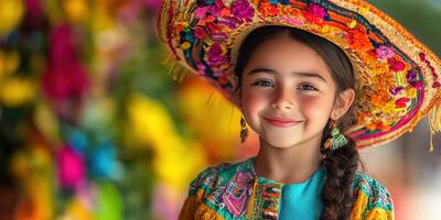 Young girl in traditional attire and colorful hat poses with a cheerful smile at a cultural festival celebration photo