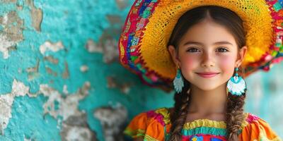 Girl in colorful traditional dress and sombrero poses against a bright blue wall photo