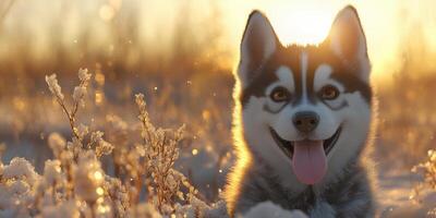 Happy husky enjoying a sunny winter day in a snowy field with glistening frost photo