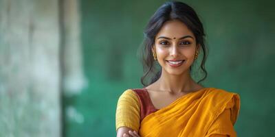 Young woman in traditional attire smiles warmly in a vibrant setting during a sunny afternoon photo