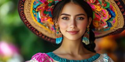 Girl wearing traditional Mexican attire and colorful sombrero at a festive outdoor setting showcasing cultural heritage and vibrant atmosphere photo