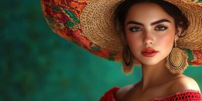 Young woman poses in traditional attire with a large decorative hat showcasing vibrant colors and intricate details in a natural setting photo