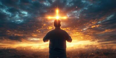 Man gazes at radiant cross in the sky during sunset in tranquil landscape photo