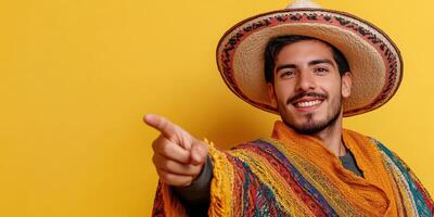 Young man in colorful poncho and sombrero smiles and points against a bright yellow background at a cultural celebration photo