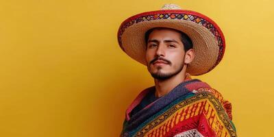Young man in colorful traditional attire poses with a confident expression against a vibrant yellow background photo