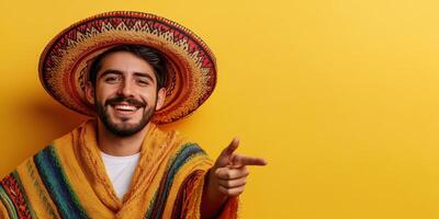 Smiling man in colorful poncho and sombrero poses against a bright yellow backdrop while pointing playfully photo