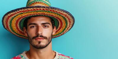 Young man wearing a colorful sombrero and traditional attire poses against a vibrant blue background photo