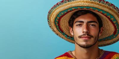 Young man wearing a colorful sombrero posing against a bright blue background during a festive celebration photo