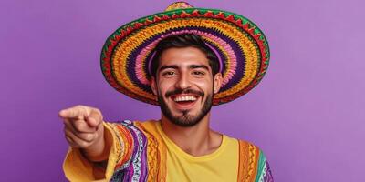 Smiling man in colorful sombrero and traditional attire expresses joy against a vivid purple background photo