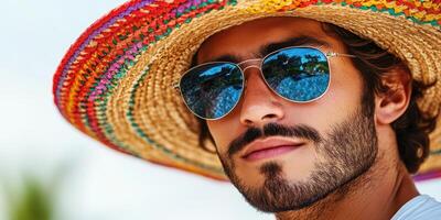 Young man enjoying a sunny day at the beach wearing sunglasses and a colorful straw hat photo