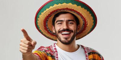 Young man in colorful hat smiling widely and pointing joyfully at the camera during a festive celebration in a studio setting photo